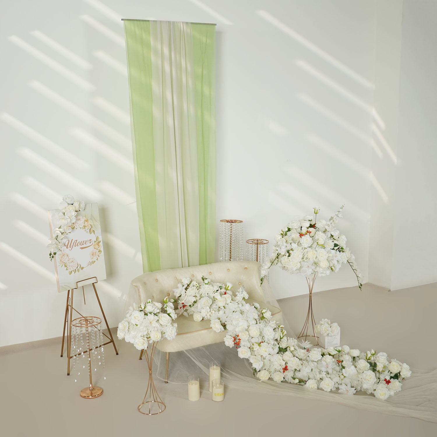 Uflower White Rose Table Runner Sofa Floral Wedding Backdrop Decor